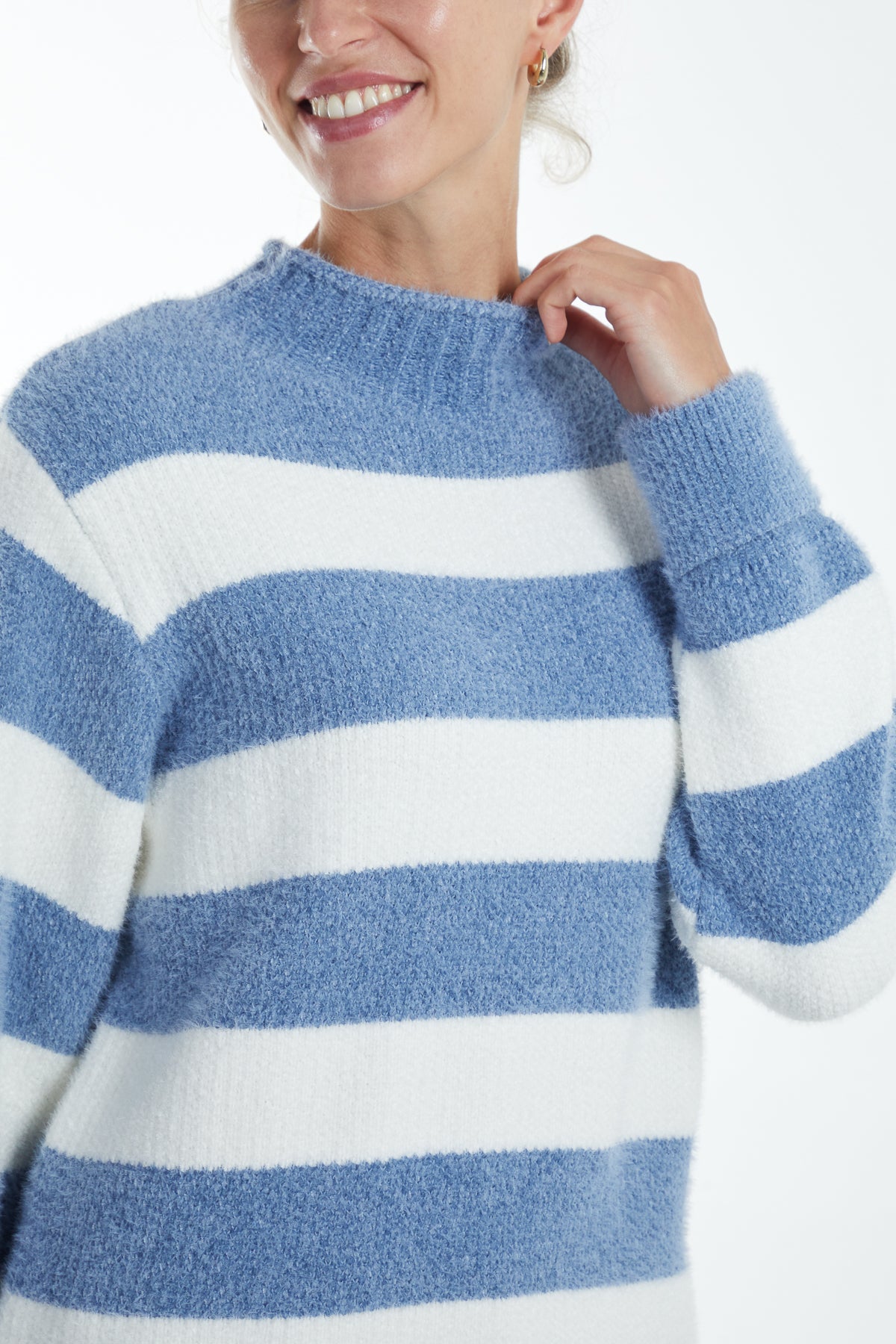 Cosy Fluffy Knit High Neck Striped Jumper