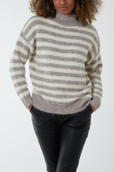 Striped Knit Diamante Pearl Shoulder Jumper