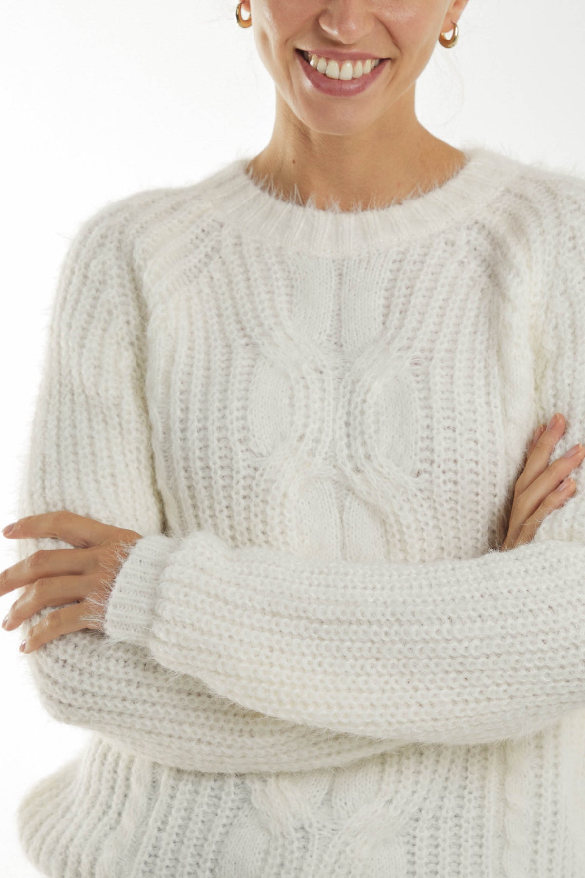 Fluffy Cable Knit Crew Neck Jumper