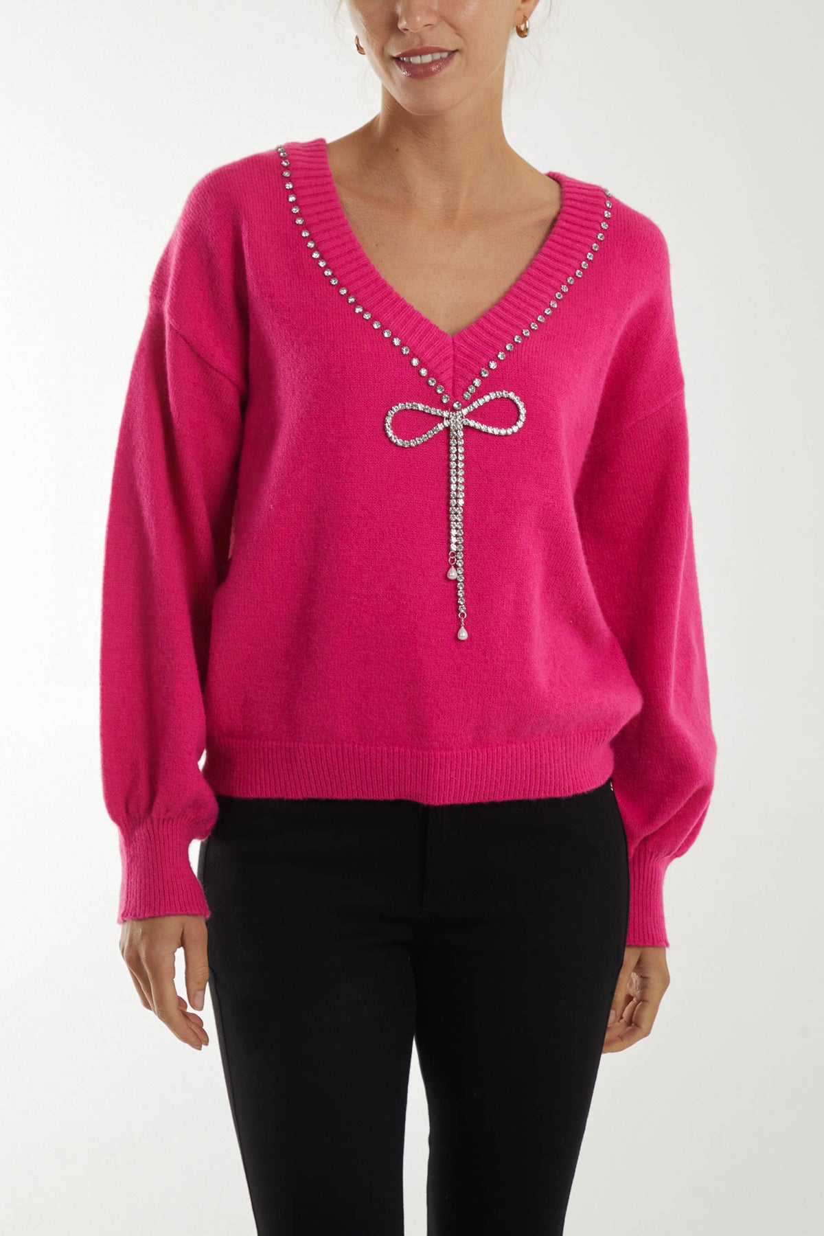 V-Neck Diamante Bow Jumper