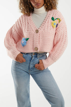 Handknitted Chunky Knit Embroidery Flower Cardigan