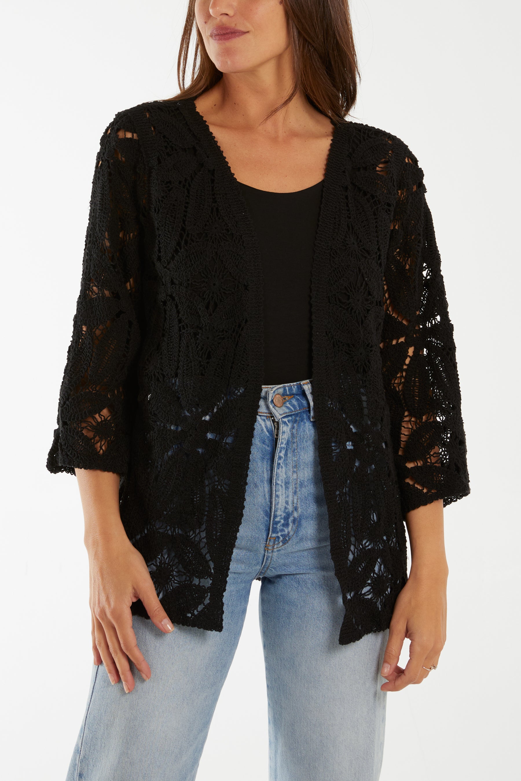 Floral Crochet 3/4 Sleeve Cardigan