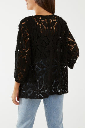 Floral Crochet 3/4 Sleeve Cardigan