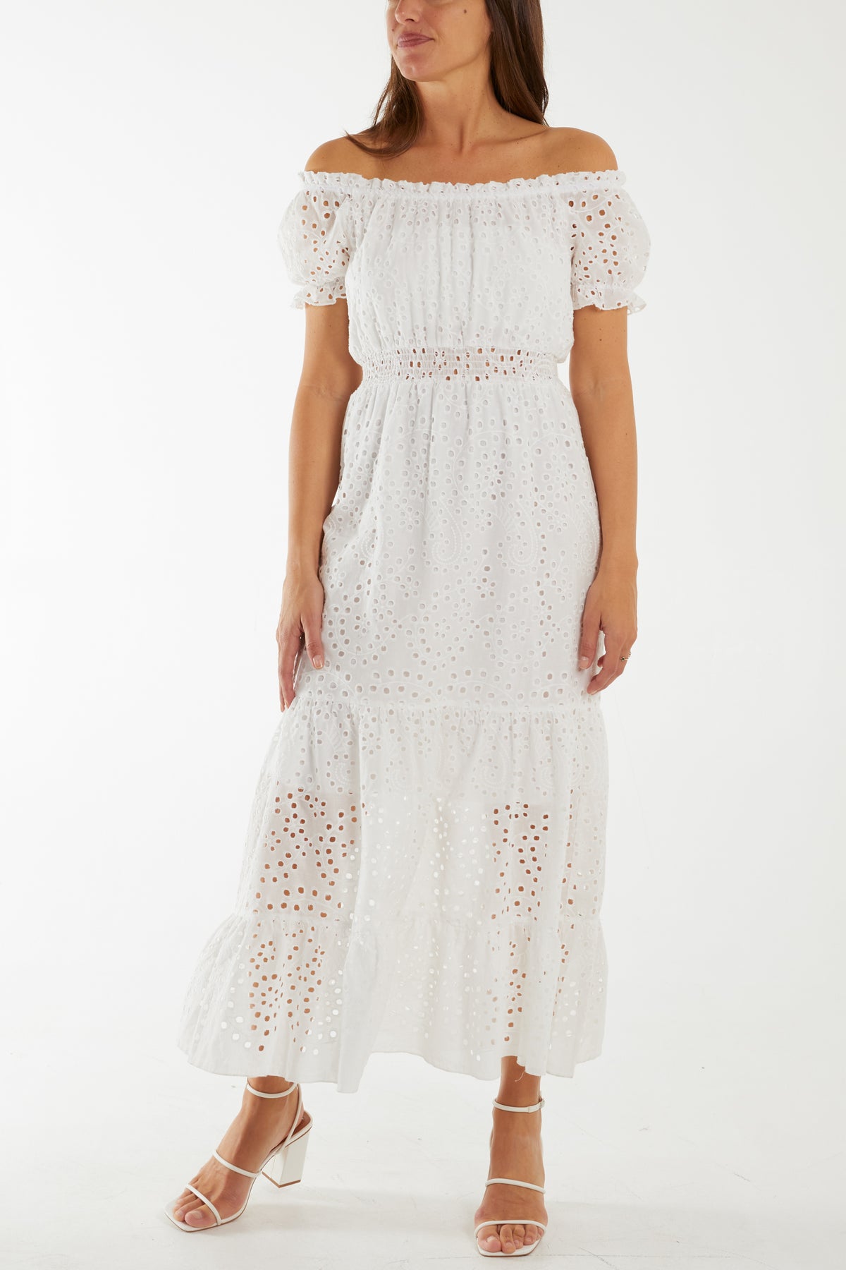 Broderie Anglaise Bardot Tiered Maxi Dress