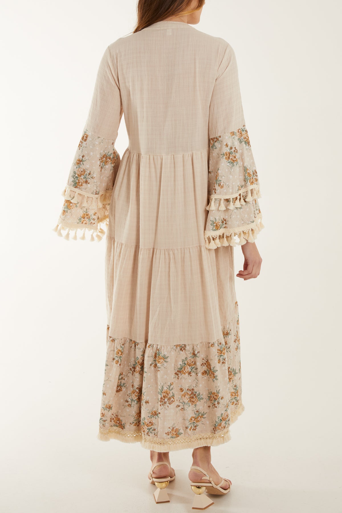 Open Collar Floral Embroidered & Tassel Maxi Dress