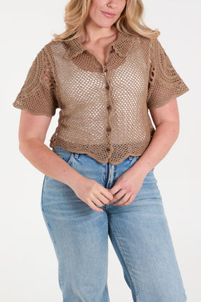 Crochet Short Sleeve Button Up Shirt