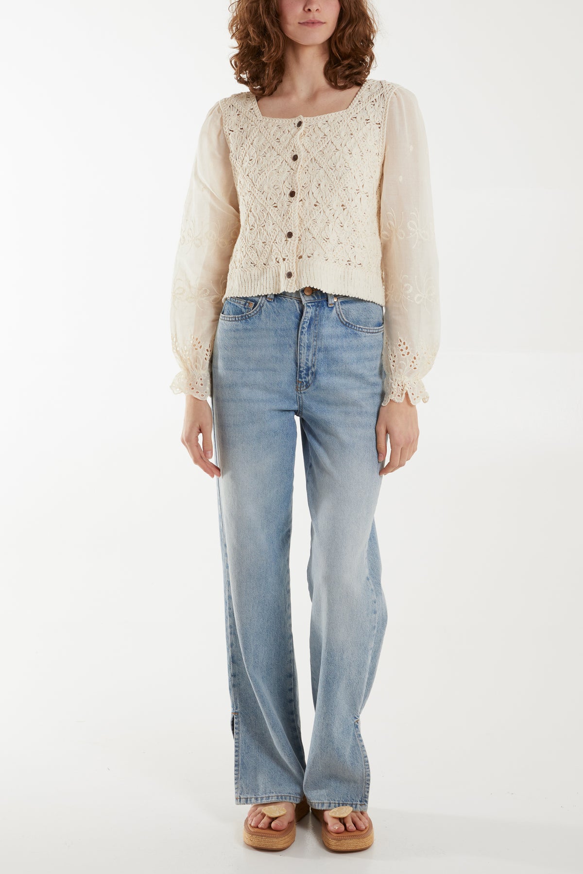 Puff Sleeve Crochet & Anglaise Square Button Top