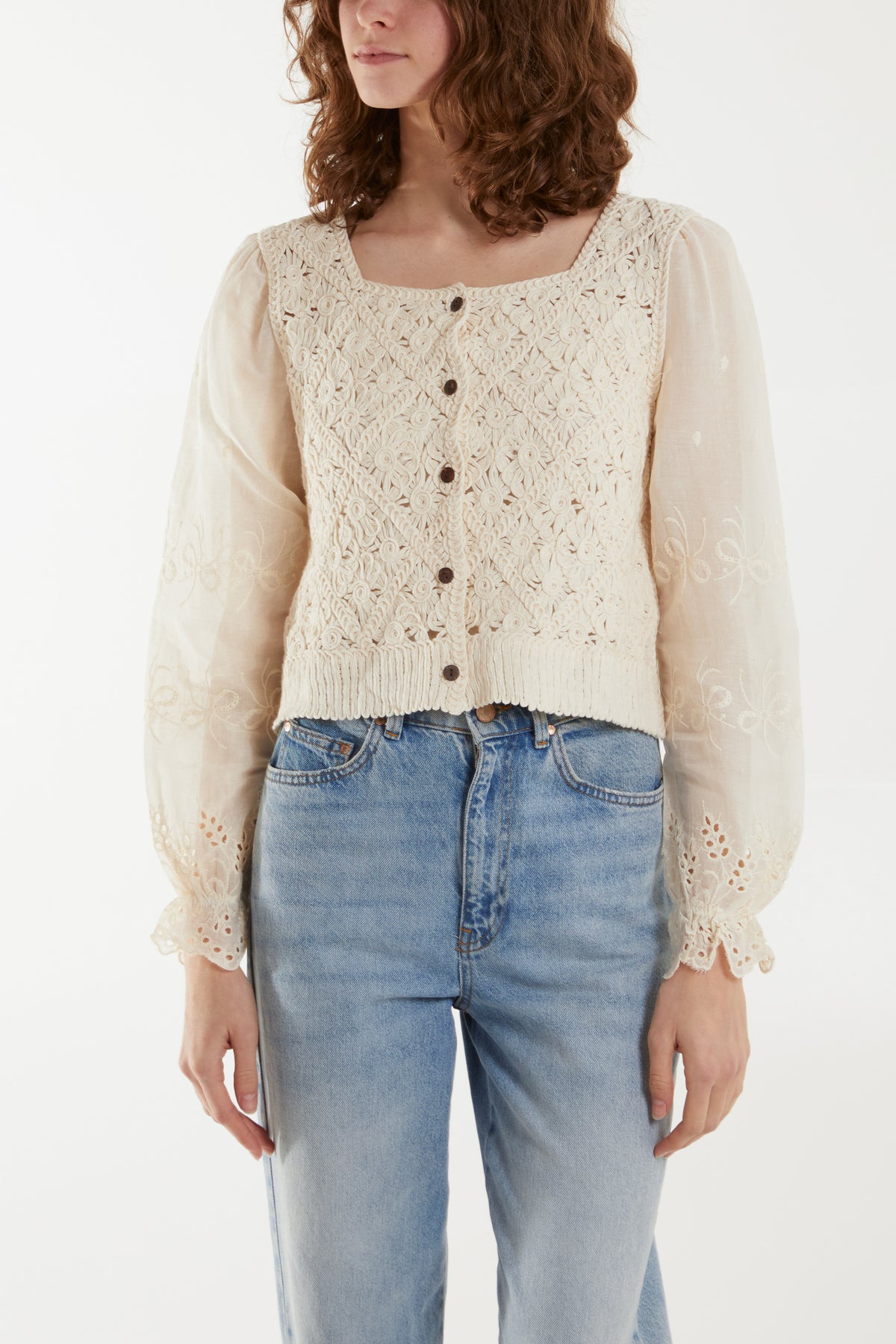 Puff Sleeve Crochet & Anglaise Square Button Top