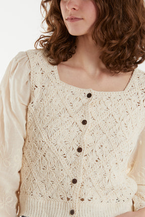 Puff Sleeve Crochet & Anglaise Square Button Top