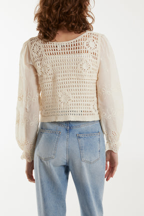 Puff Sleeve Crochet & Anglaise Square Button Top