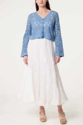 Crochet V Neck Flower Pattern Cardigan