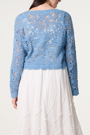 Crochet V Neck Flower Pattern Cardigan
