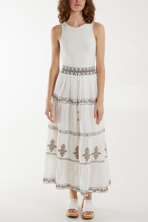 Embroidered Flower Tiered Maxi Skirt