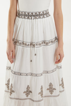Embroidered Flower Tiered Maxi Skirt