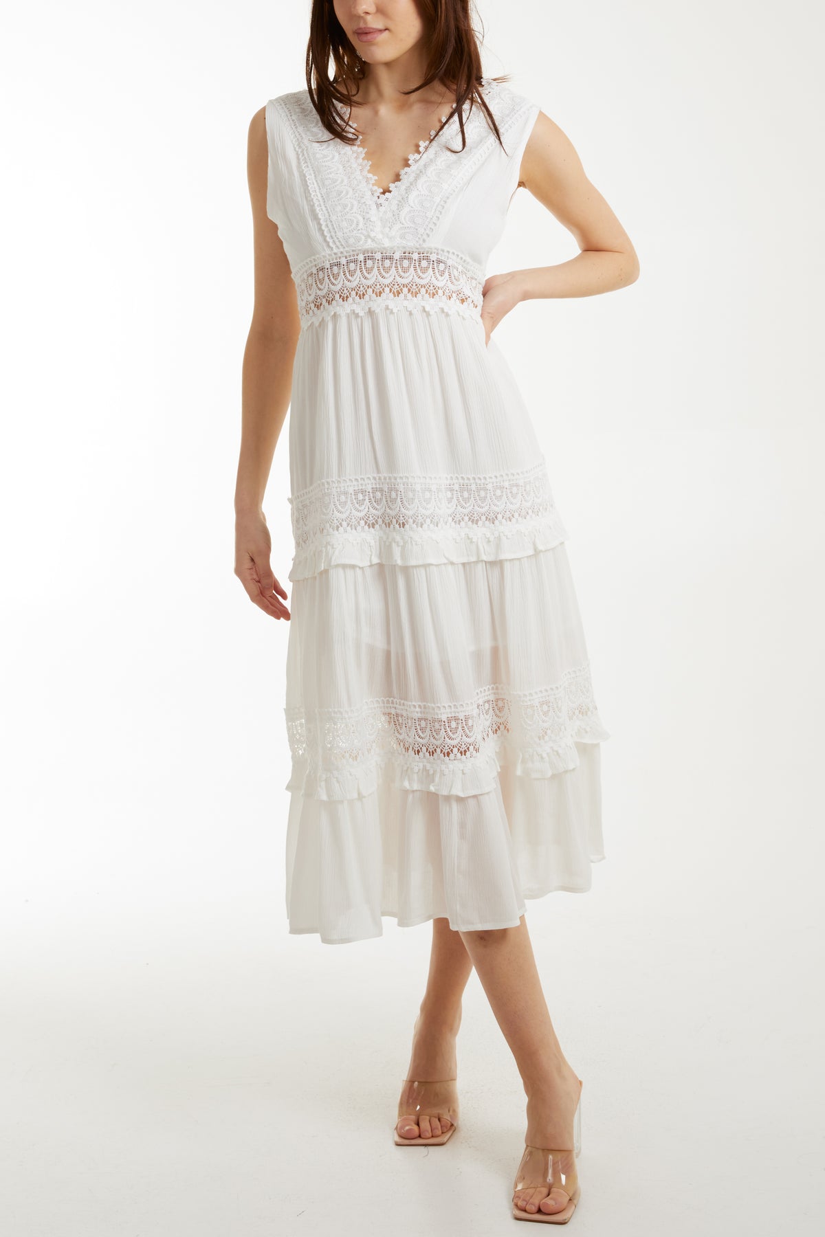 Plunge Lace Detail Tiered Dress