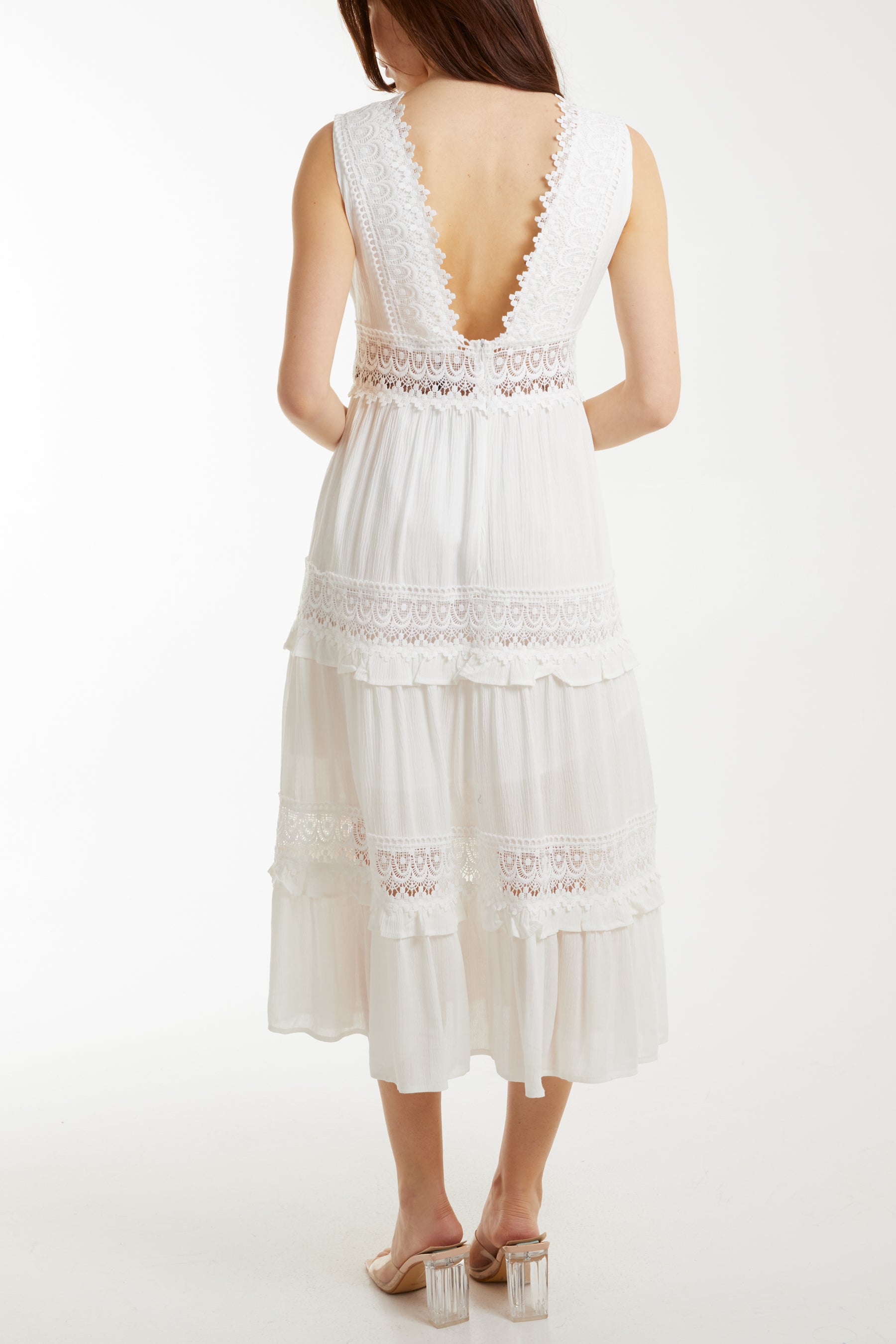 Plunge Lace Detail Tiered Dress