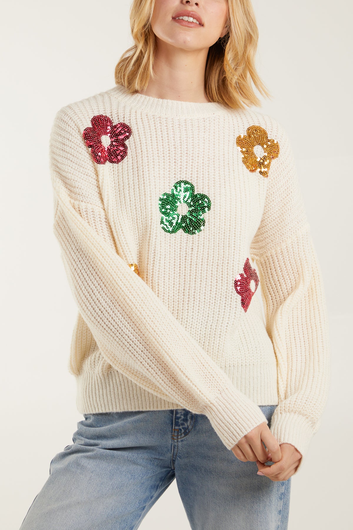 Embellished Sequin Flower Knit Jumper