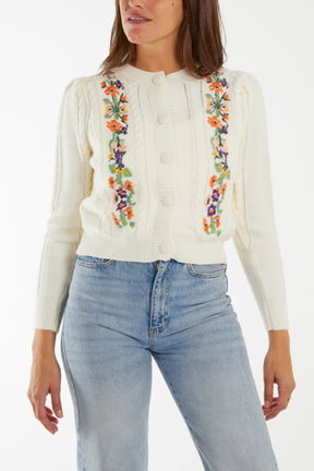 Embroidered Flower Cable Knit Cardigan