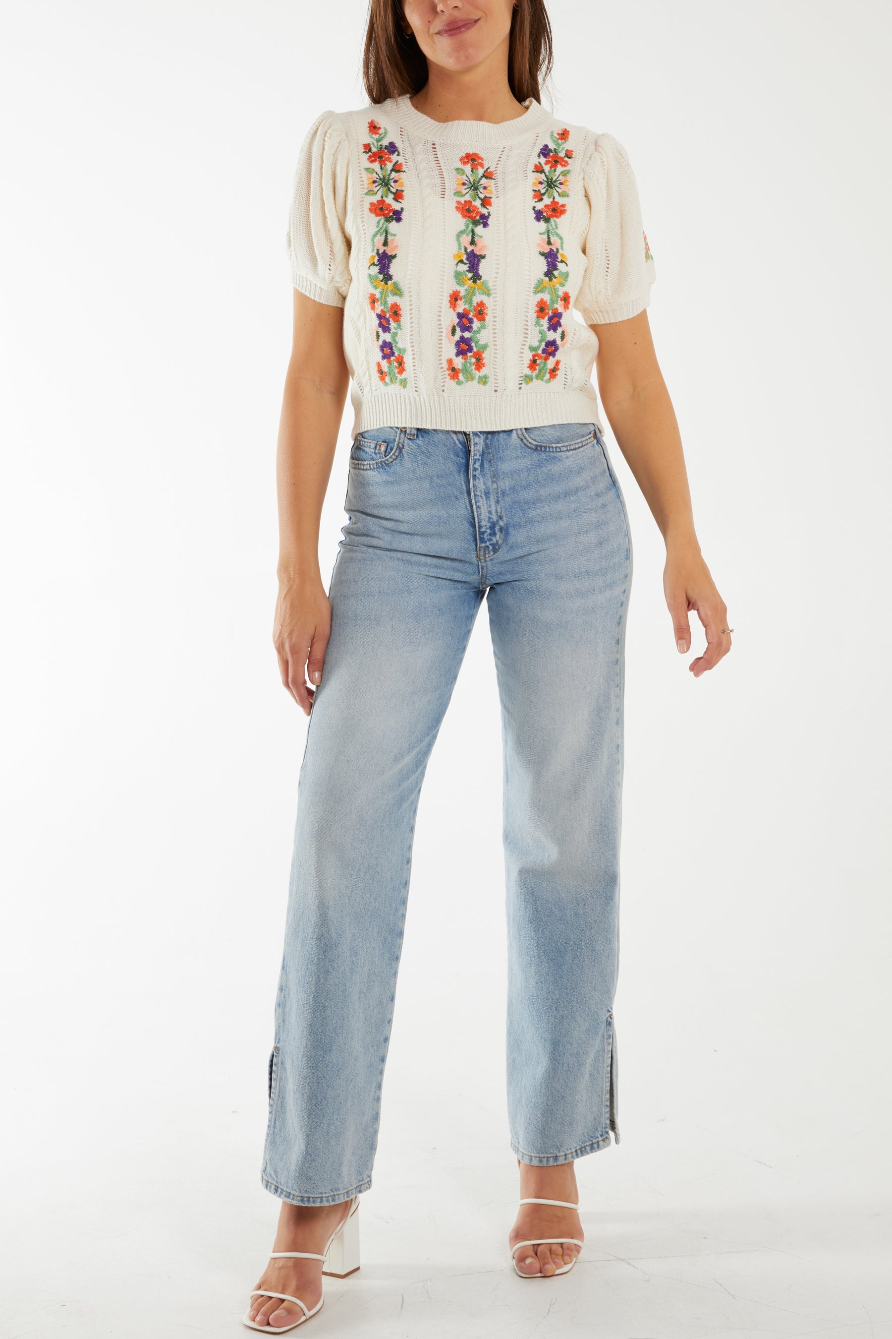Embroidered Flower Cable Knit Top