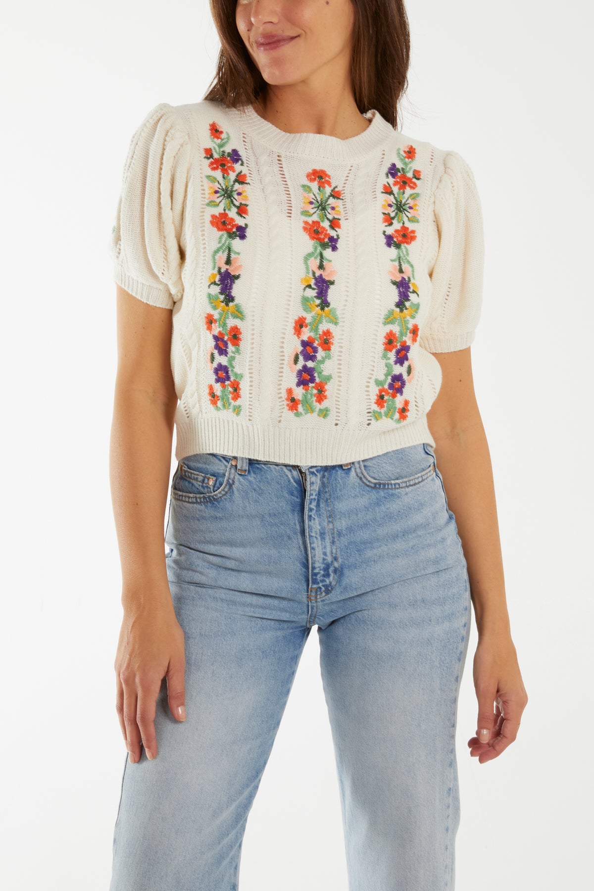 Embroidered Flower Cable Knit Top