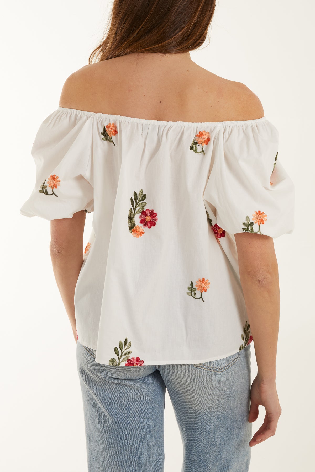 Embroidered Flower Puff Sleeve Bardot Top