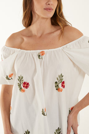 Embroidered Flower Puff Sleeve Bardot Top