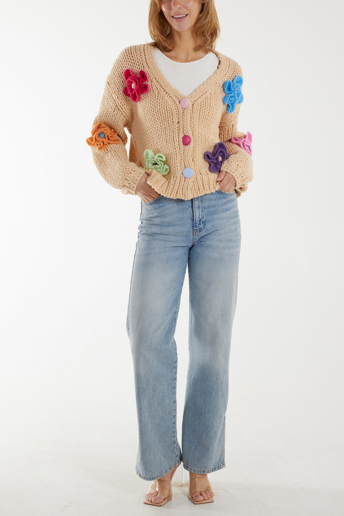 Multi Colour Button Embroidery Flower Knit Cardigan
