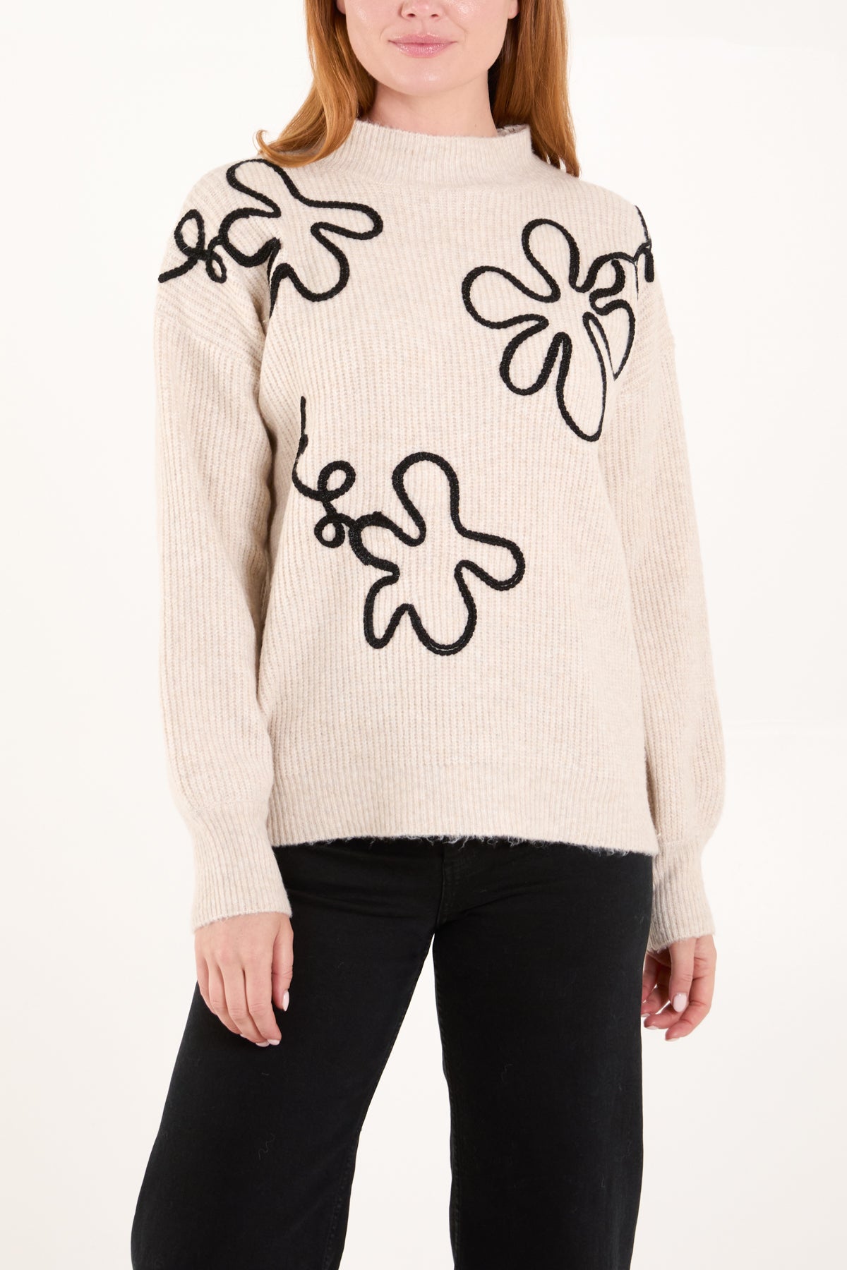 Abstract Flower Embroidery High Neck Jumper