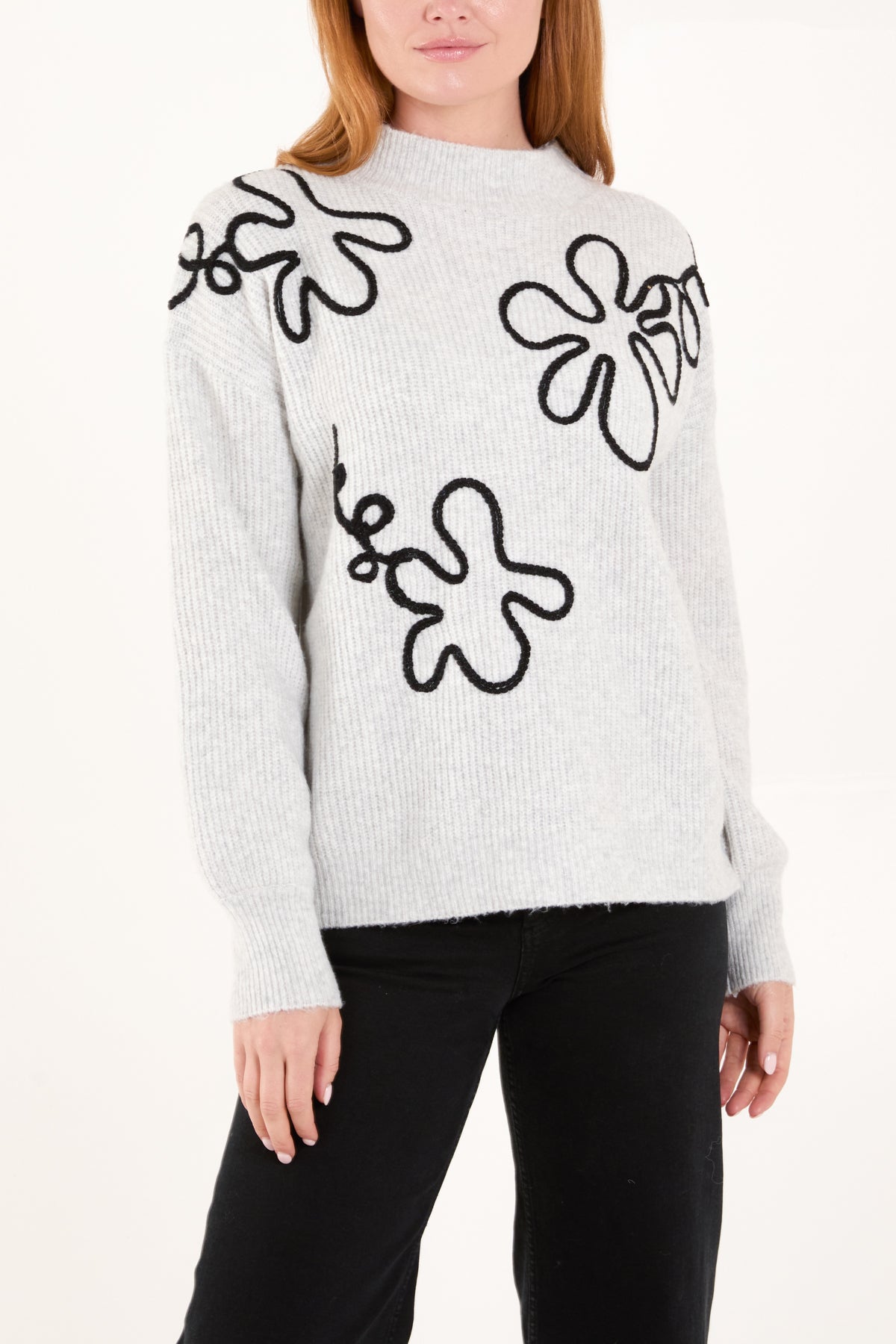 Abstract Flower Embroidery High Neck Jumper