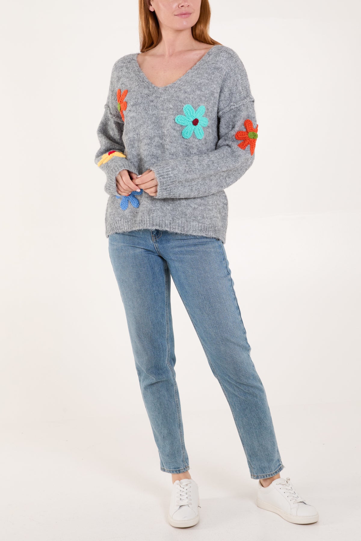 Colourful Flower V-Neck Knit Jumper