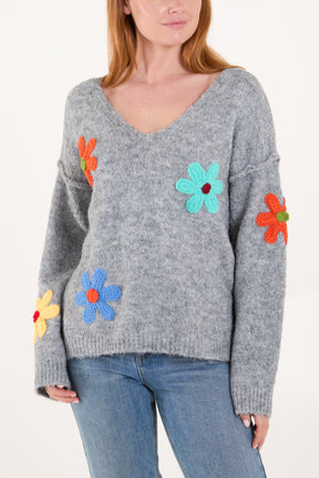 Colourful Flower V-Neck Knit Jumper