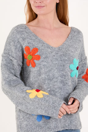 Colourful Flower V-Neck Knit Jumper