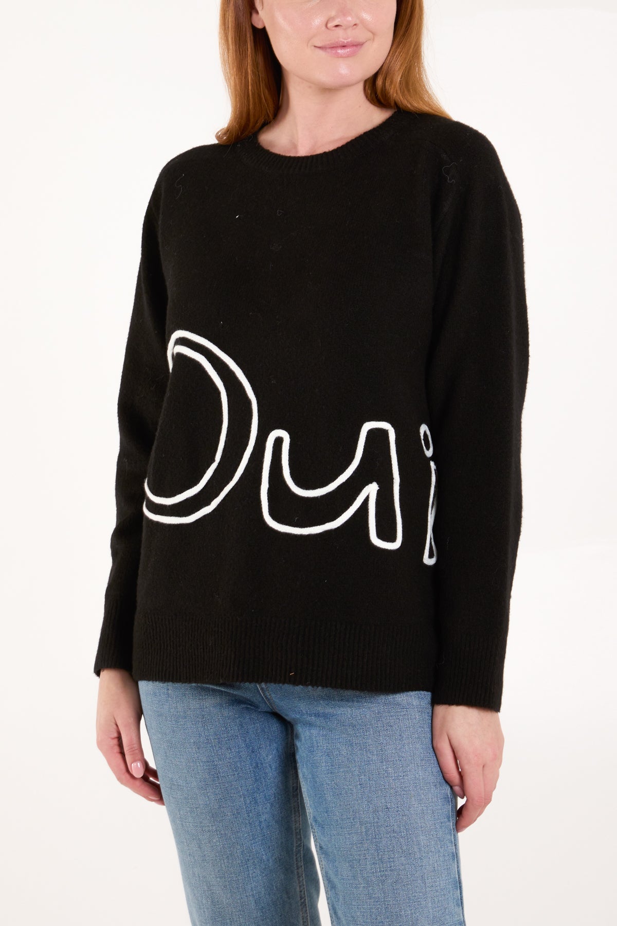 'Oui' Embroidery Fine Knit Jumper