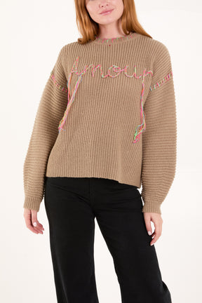 'Amour' Stich Embroidery Knit Jumper