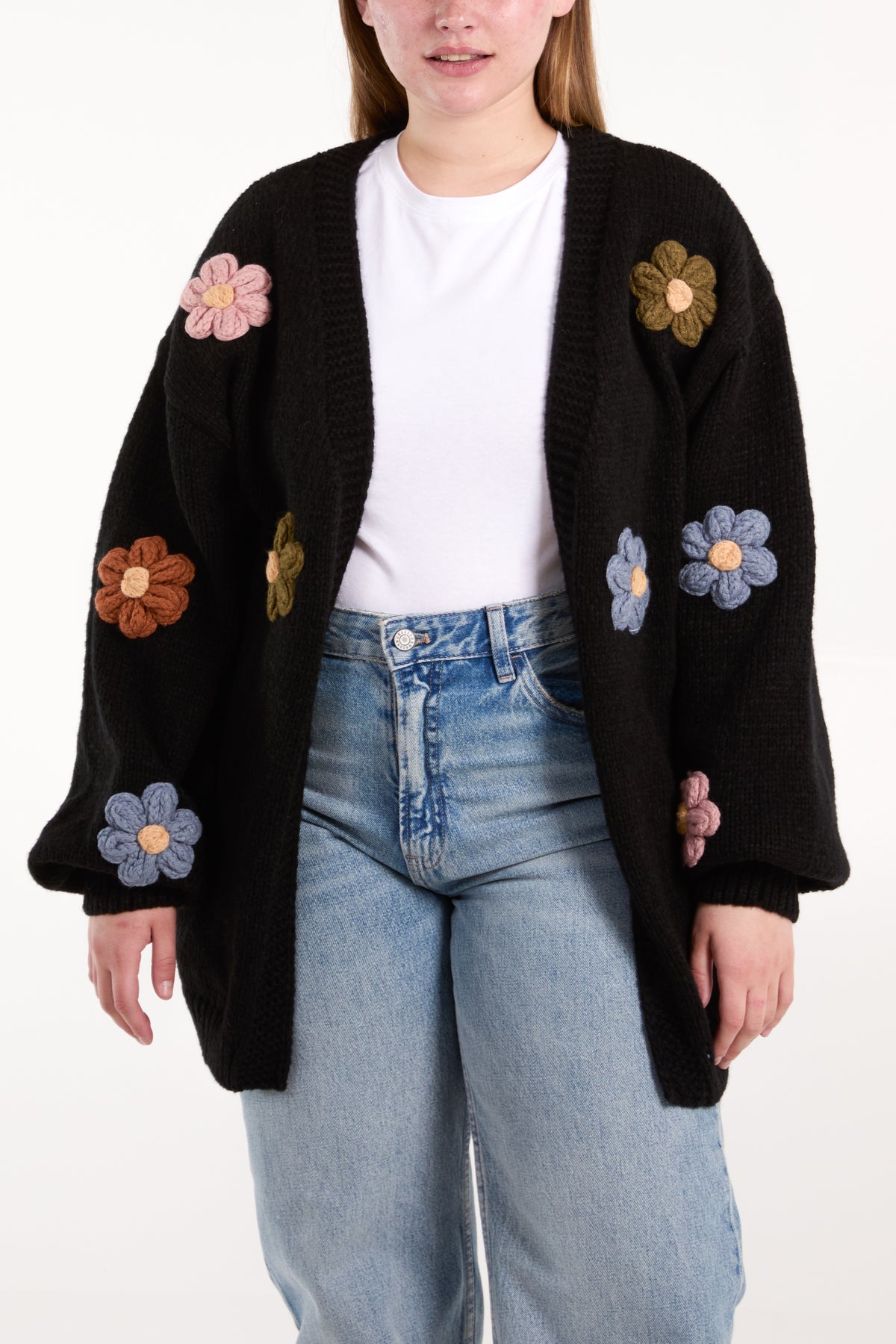 Multi Flower Knitted Open Cardigan