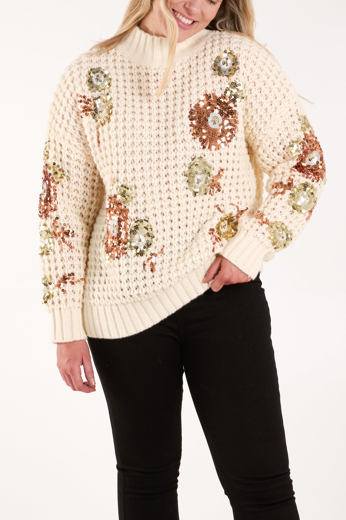 Sequin Flower Chunky Knit Jumper