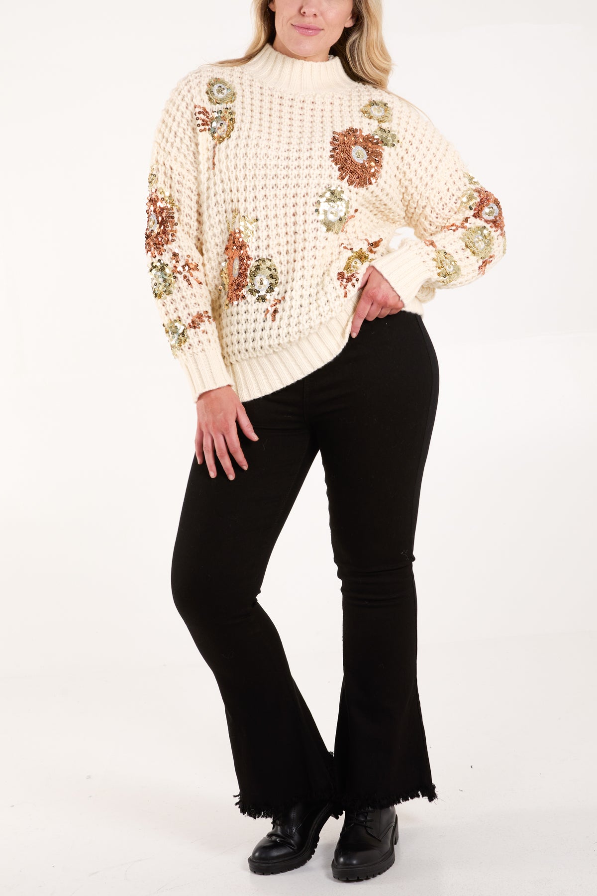 Sequin Flower Chunky Knit Jumper