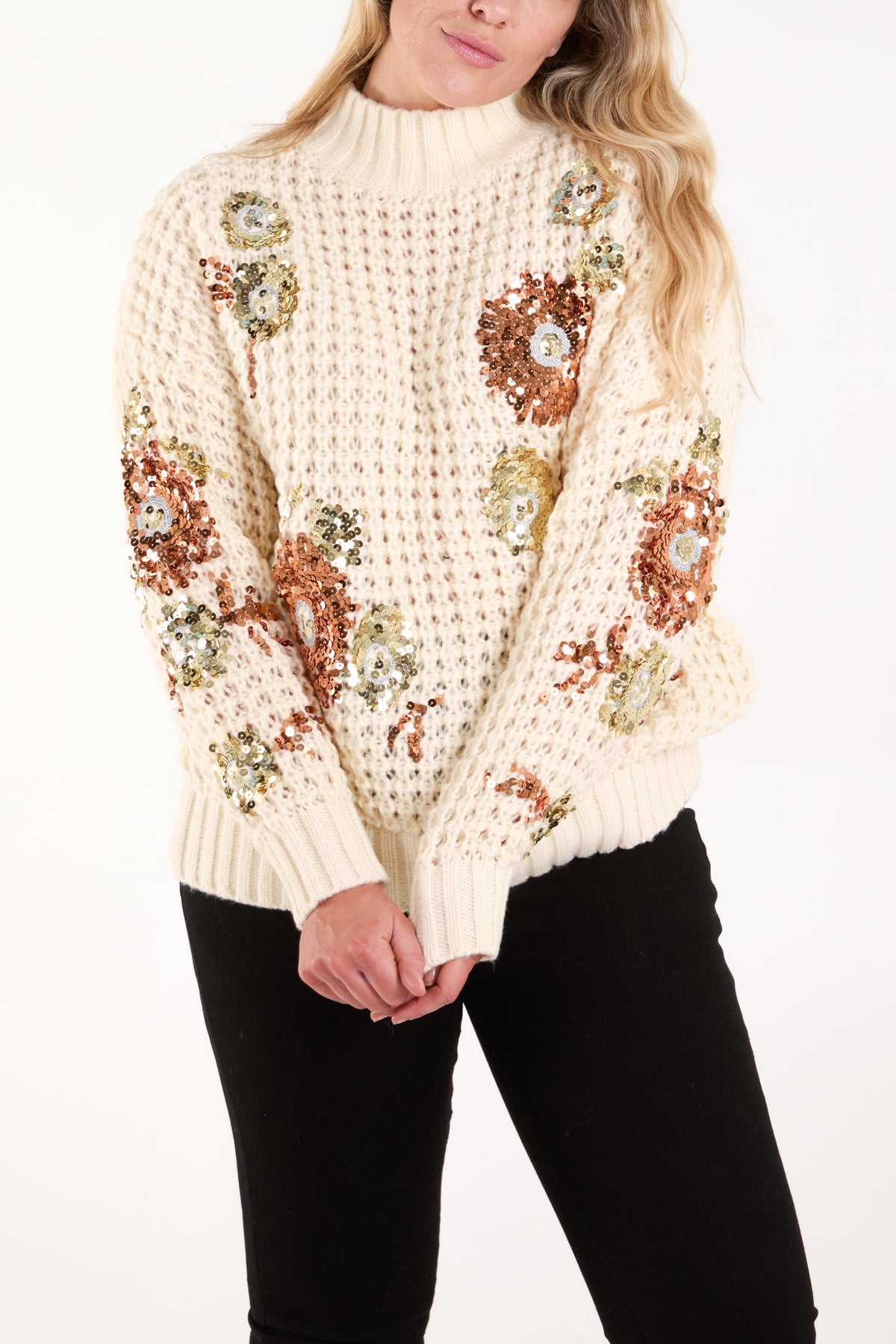 Sequin Flower Chunky Knit Jumper