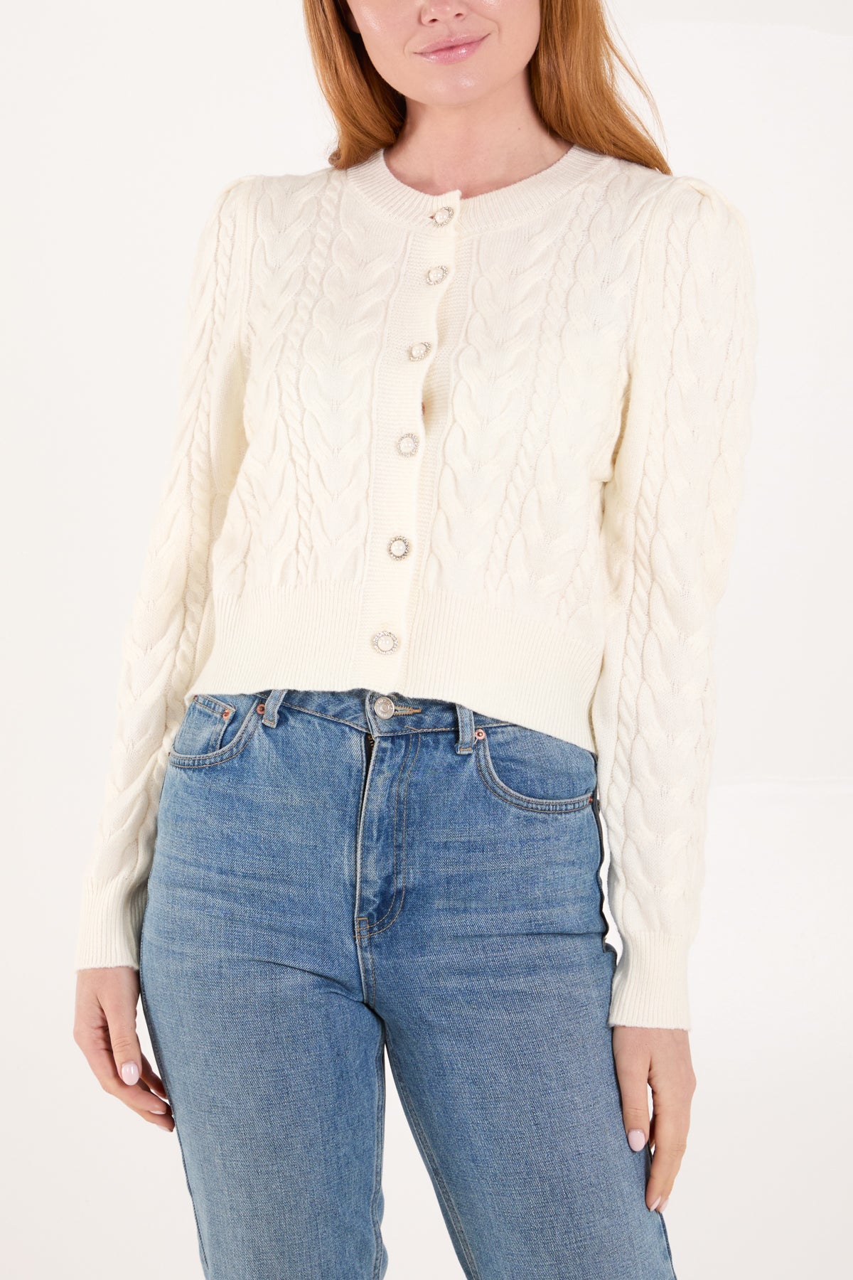 Cable Knit Puff Shoulder Cropped Cardigan