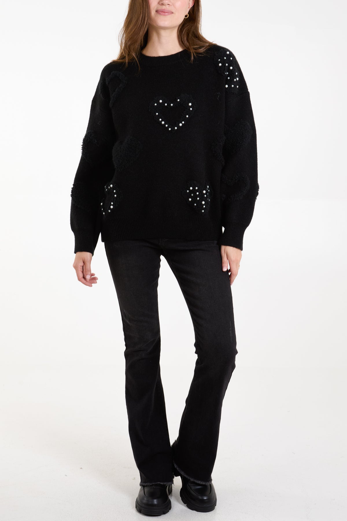 Pearl Embellished & Flocking Heart Jumper