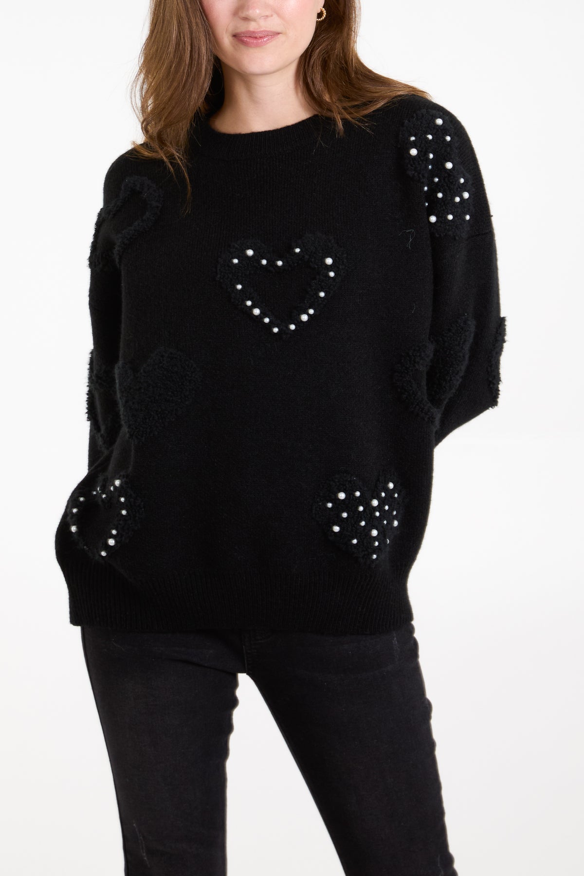 Pearl Embellished & Flocking Heart Jumper