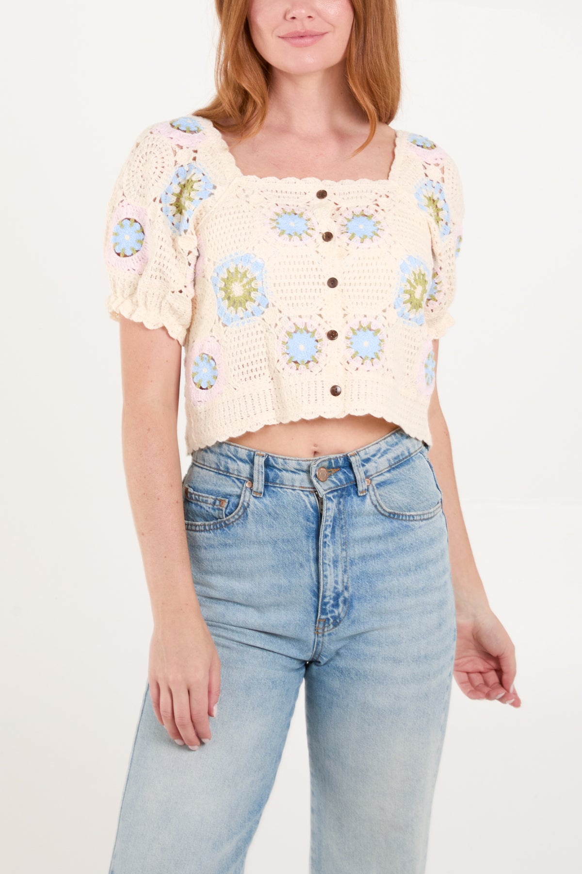 Geometric Flower Crochet Button Top