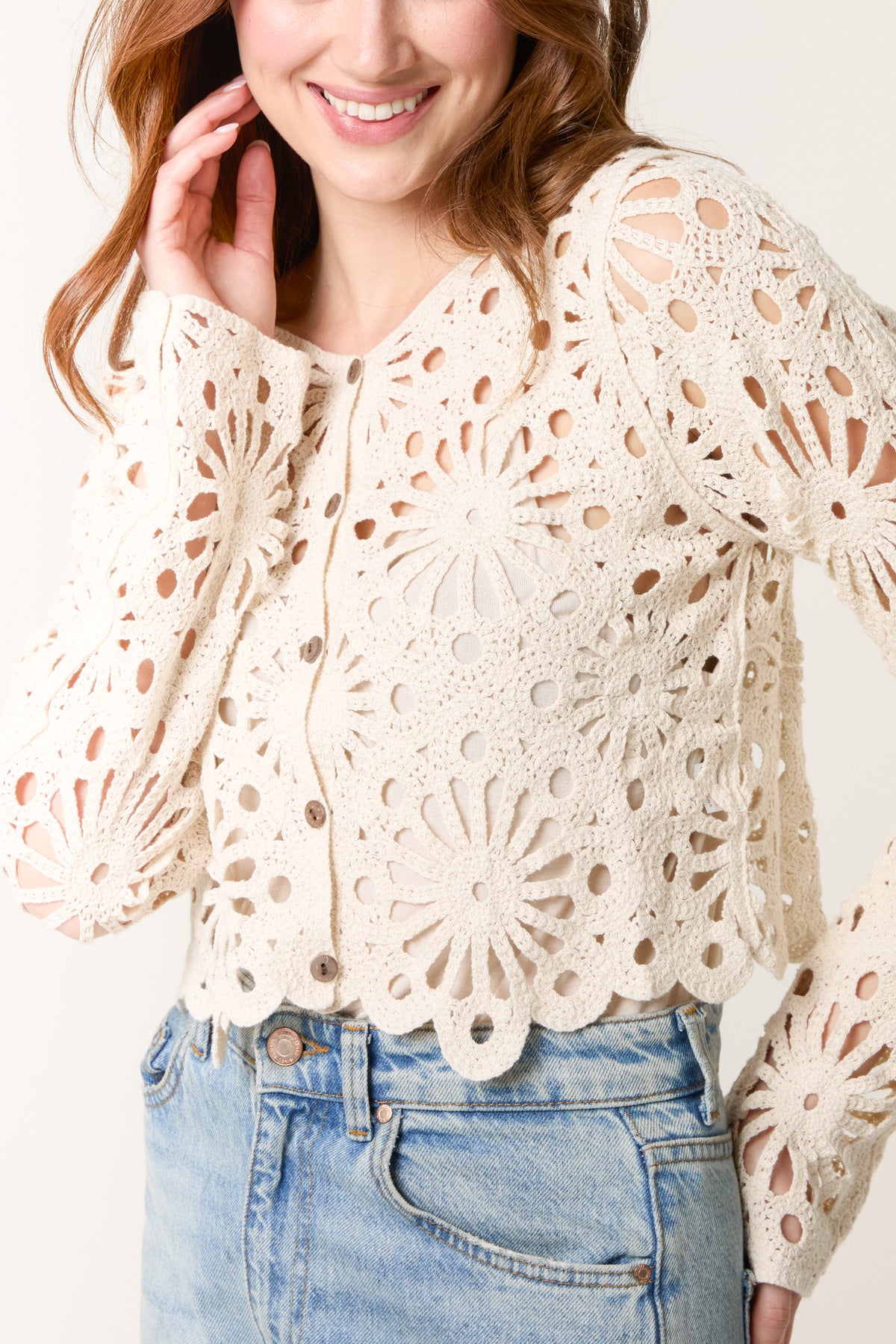 Flower Crochet Scallop Hem Cardigan