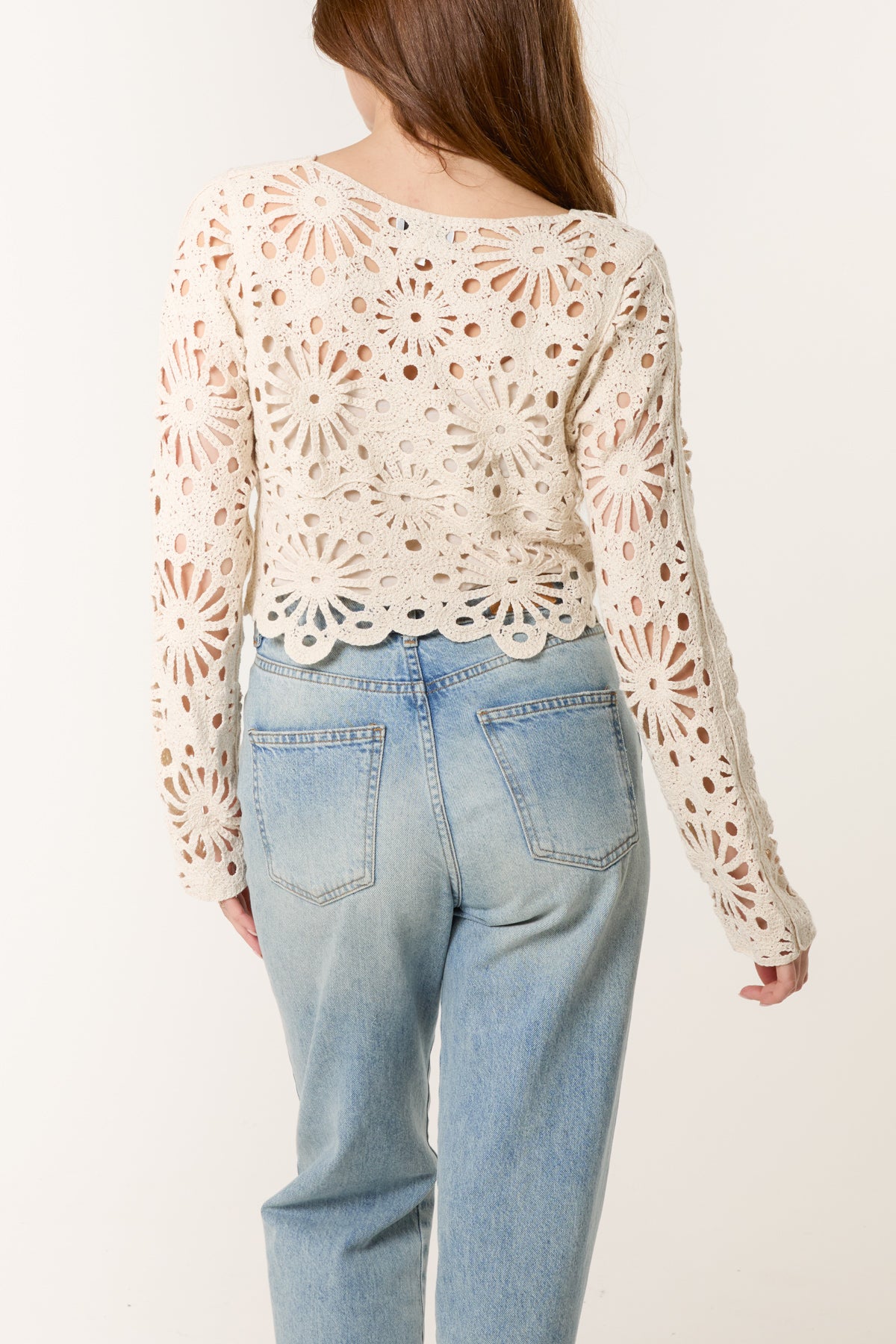 Flower Crochet Scallop Hem Cardigan