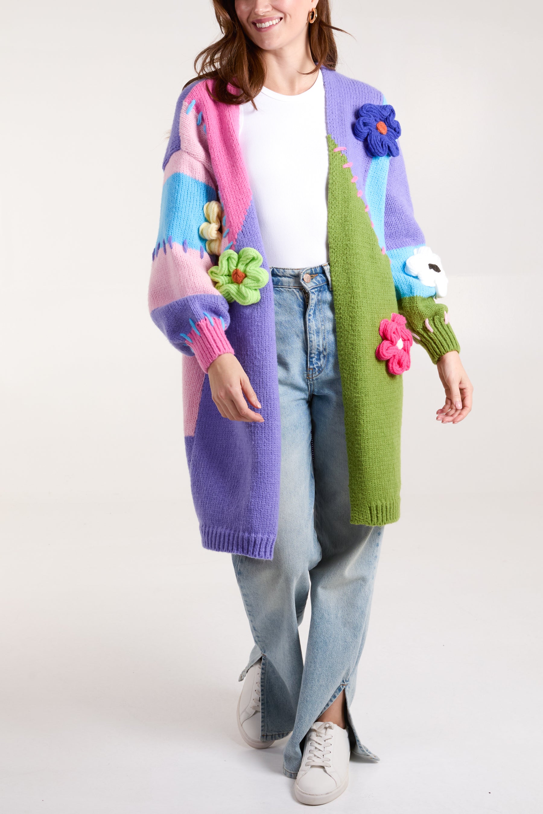 Colour Block 3D Flower Longline Cardigan