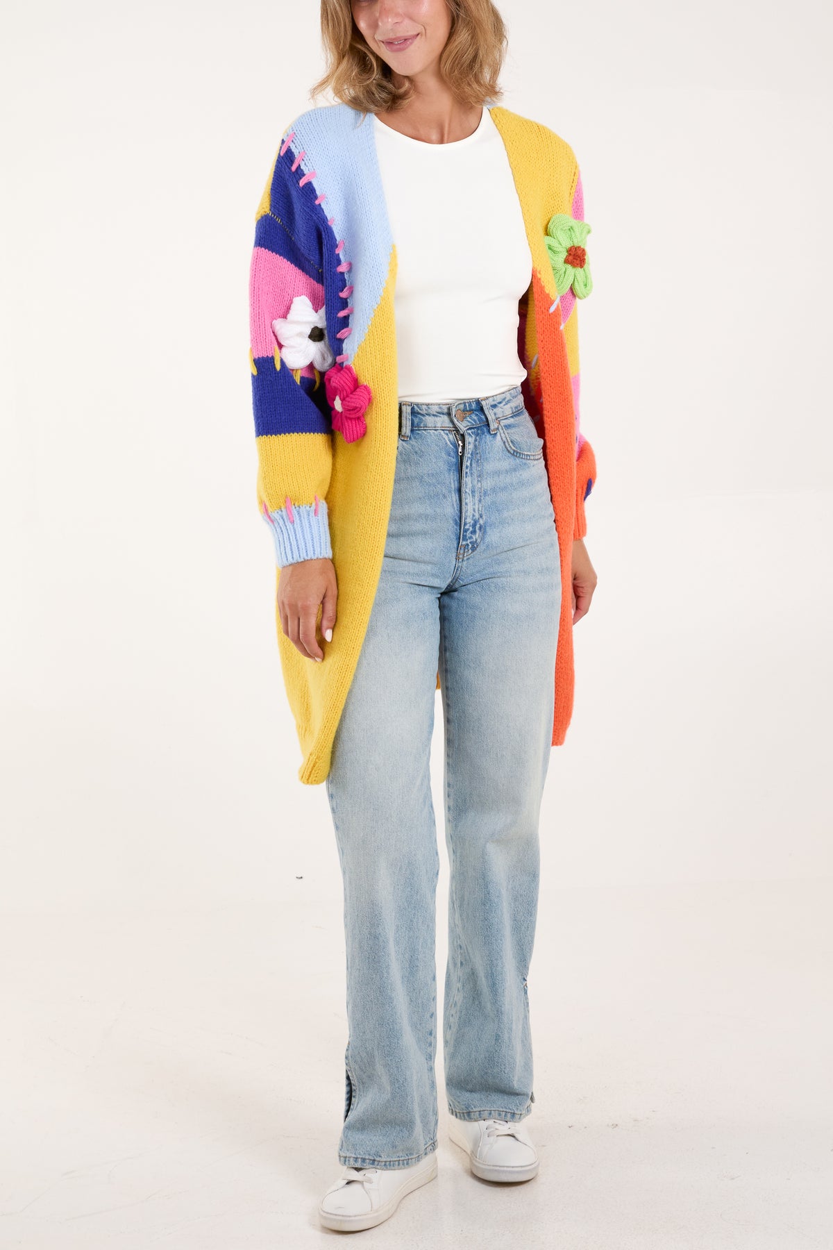 Colour Block 3D Flower Longline Cardigan