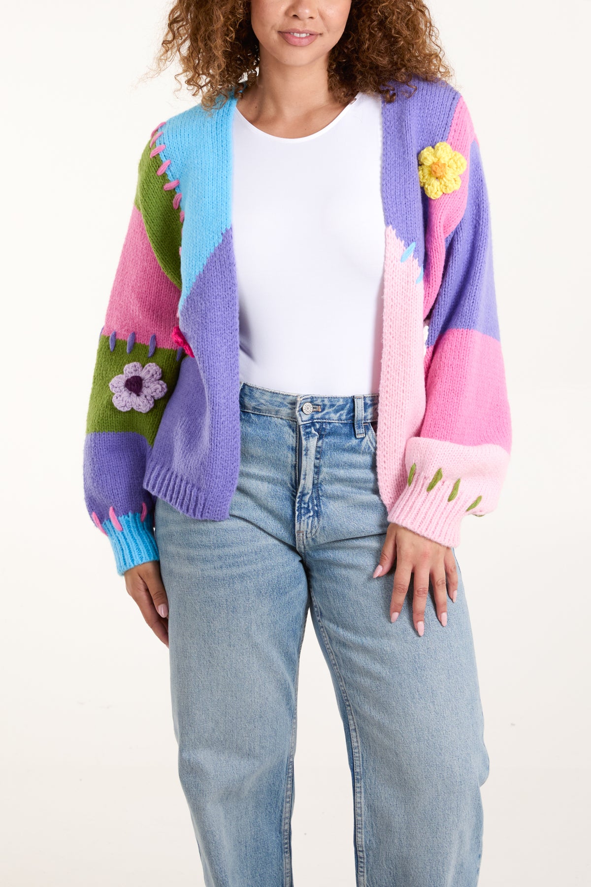 3-D Knit Flower Colourblock Cardigan