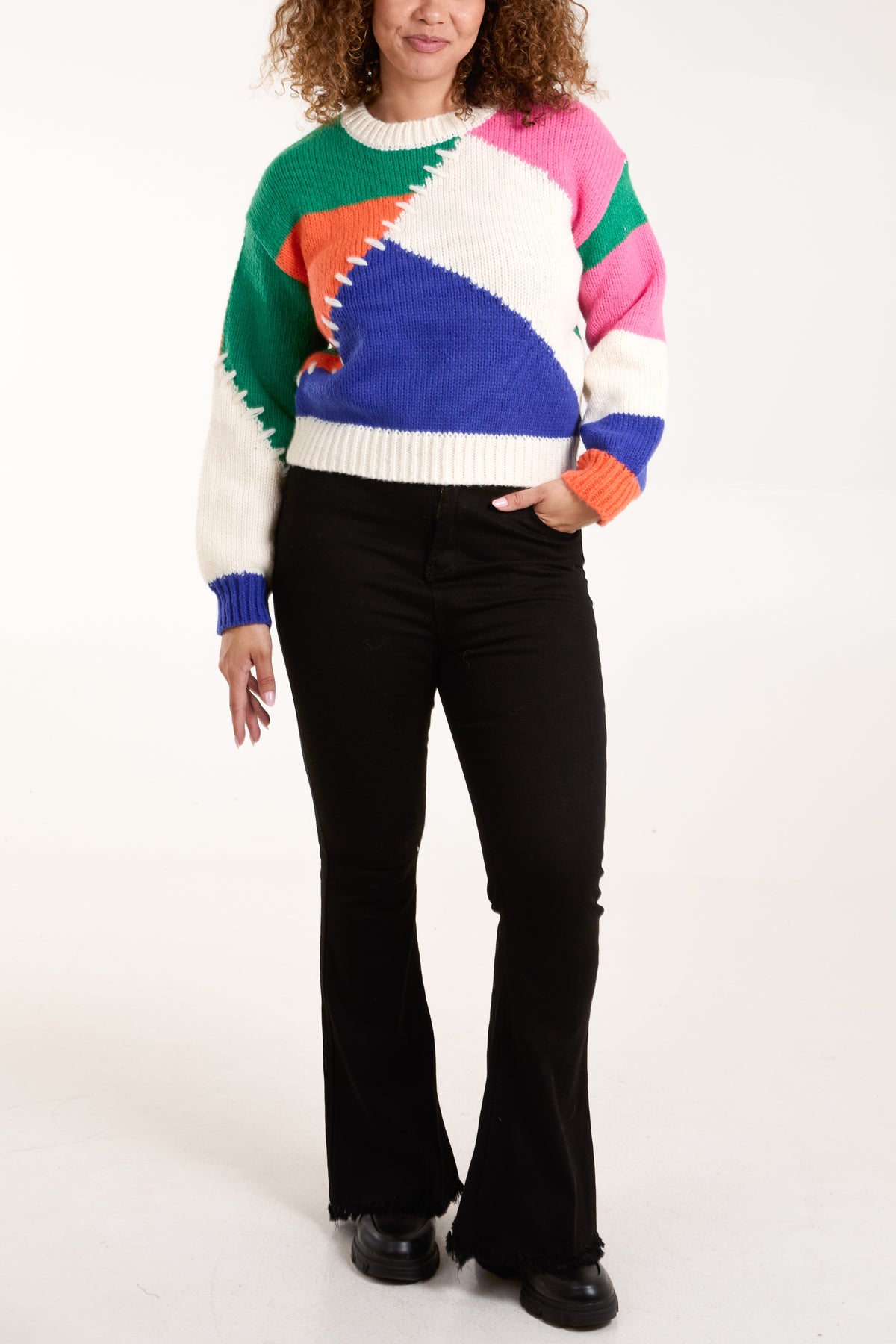 Geometric Contrast Stitch Colourblock Knit Jumper