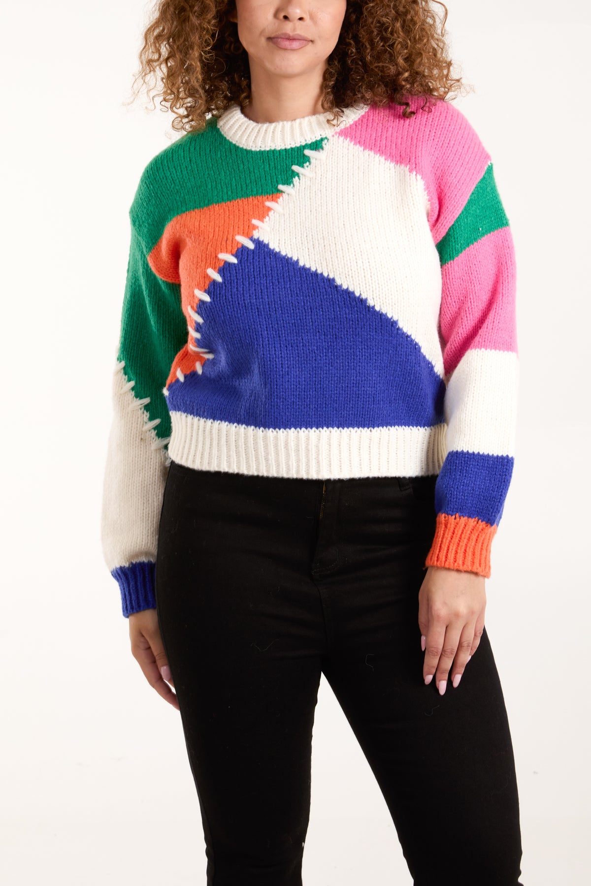 Geometric Contrast Stitch Colourblock Knit Jumper