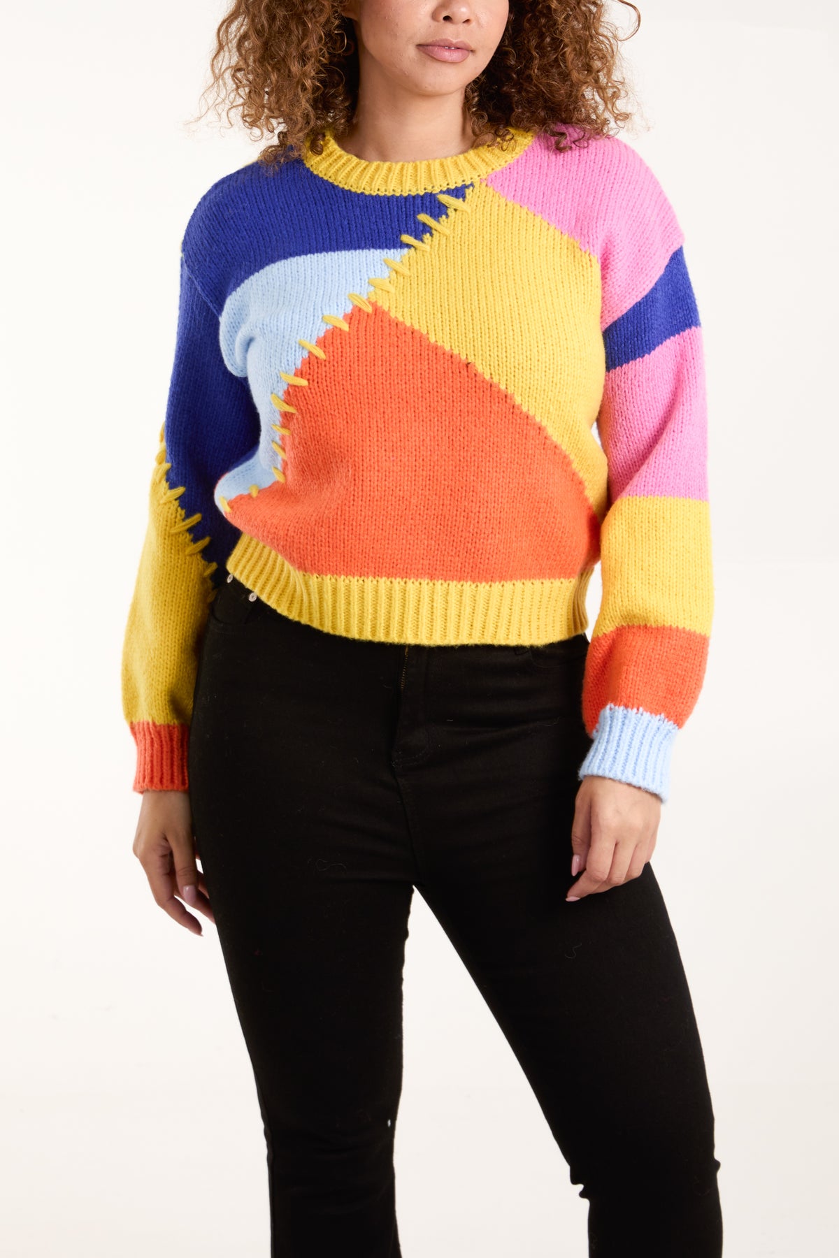 Geometric Contrast Stitch Colourblock Knit Jumper